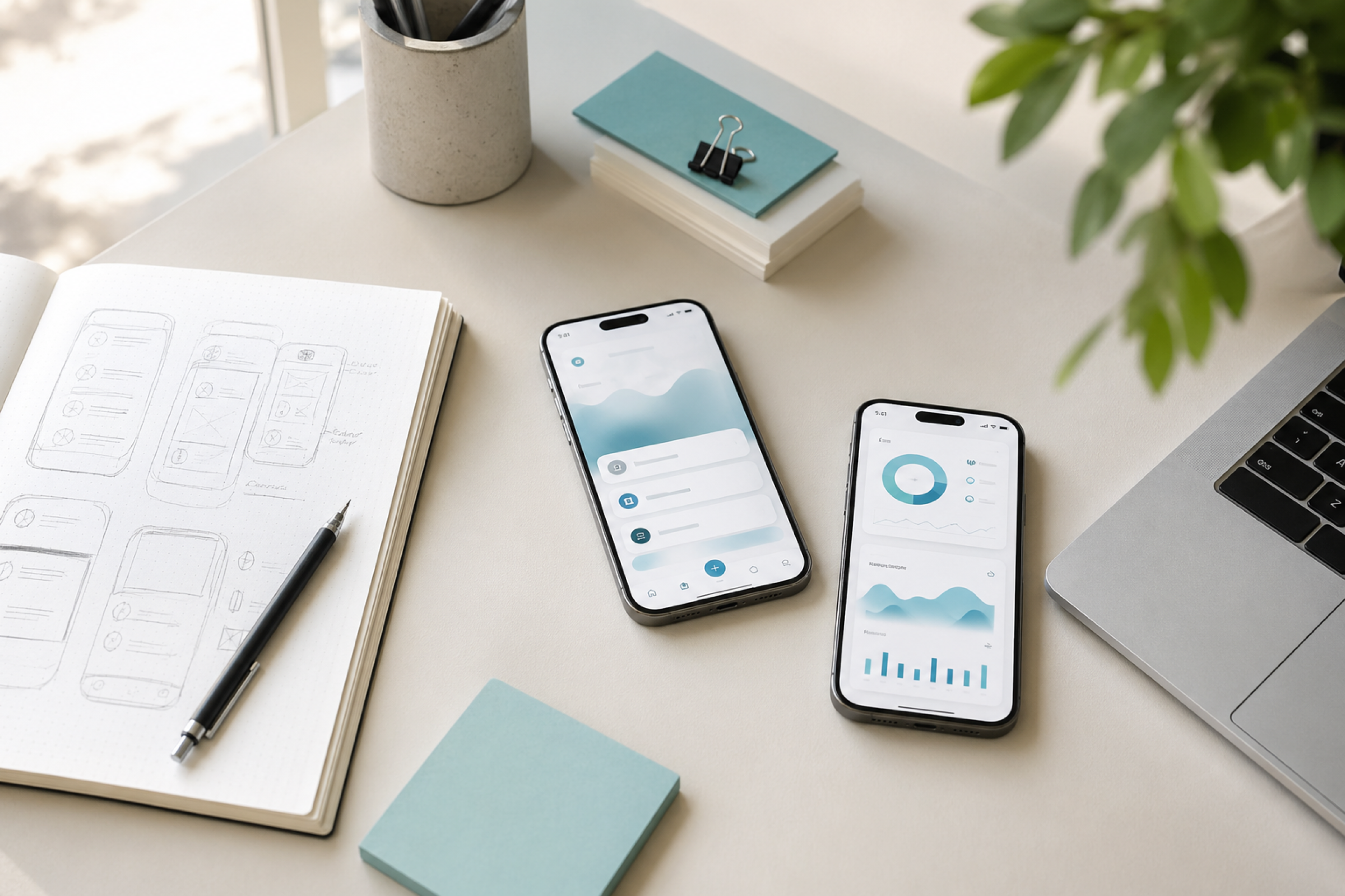 Premium mobile product workspace with interface sketches and devices