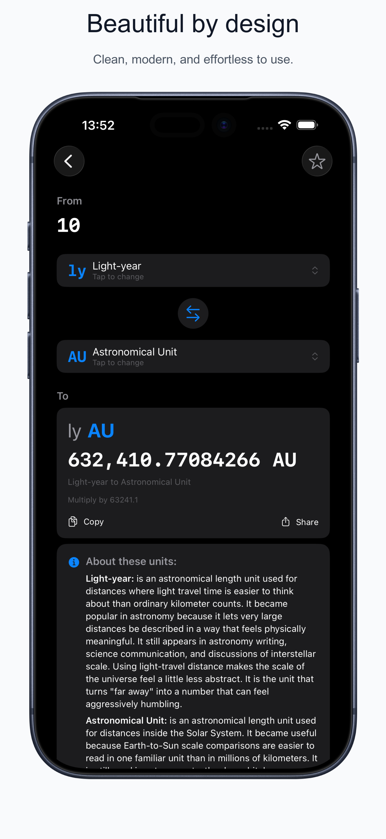 Convertology dark mode conversion screen for light-year to astronomical unit