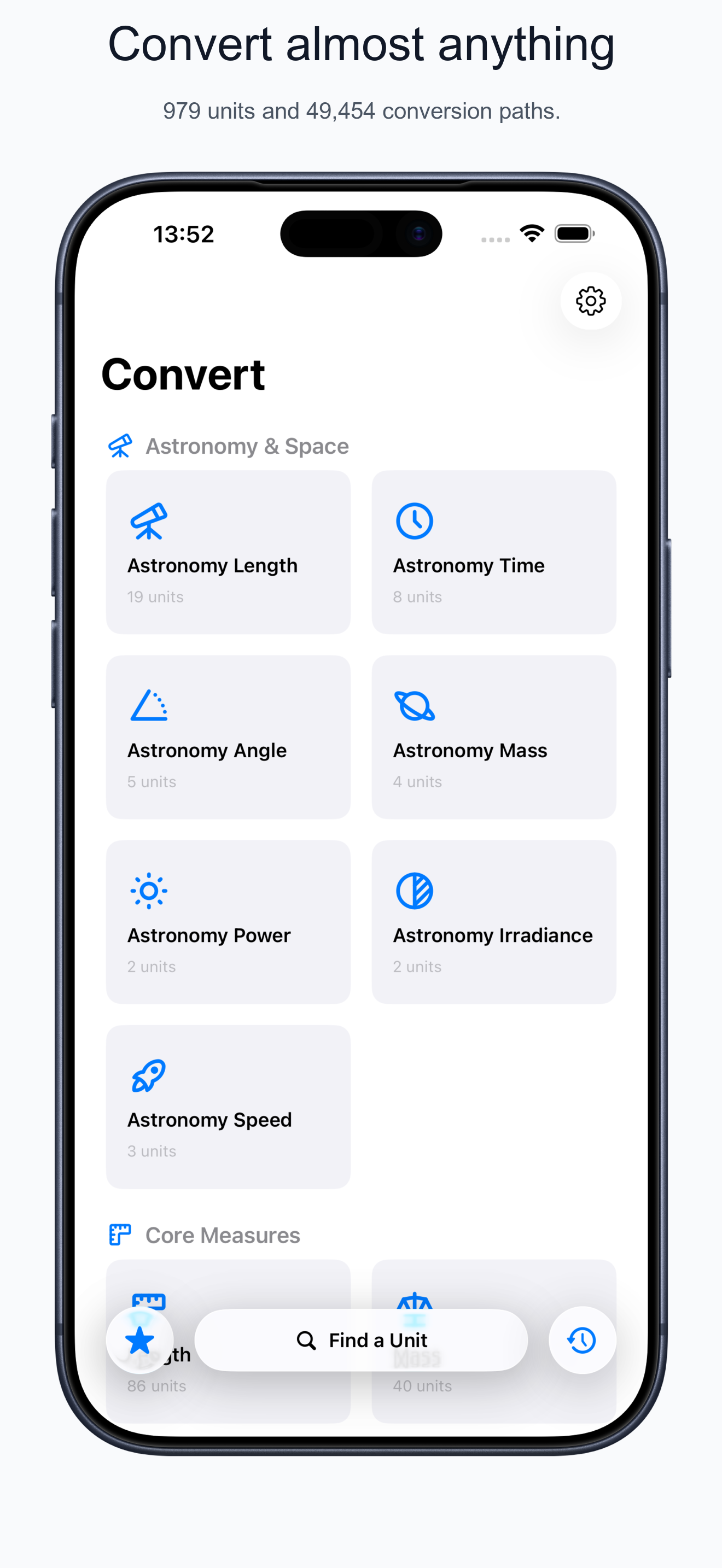 Convertology category screen showing astronomy and core measurement conversion groups