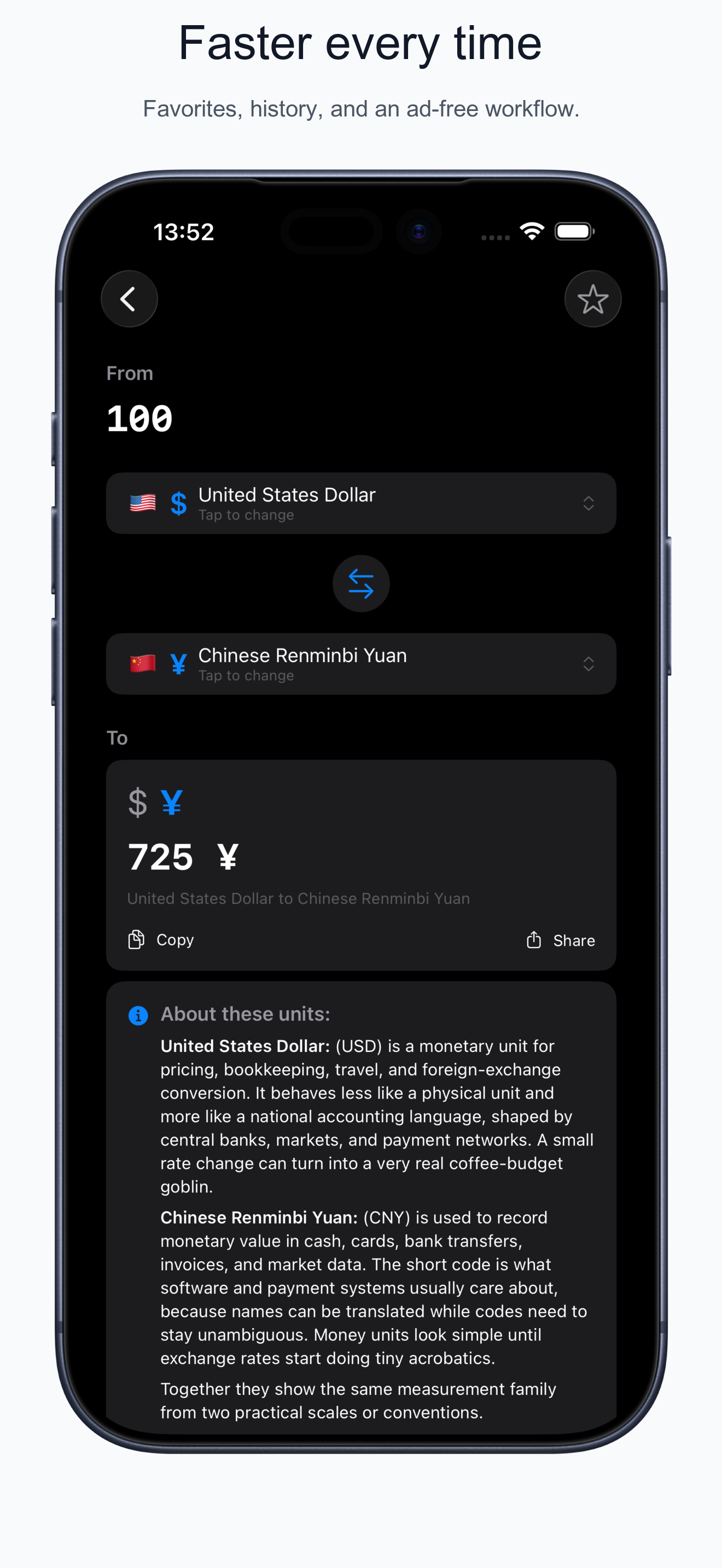 Convertology currency conversion workflow with copy and share actions