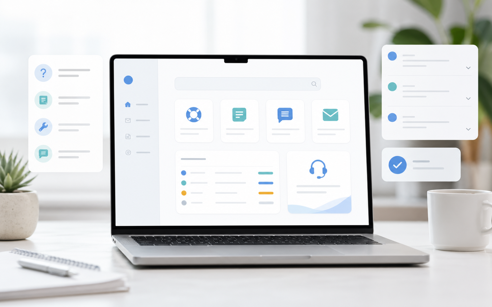 Clean support desk visual with product service interface elements